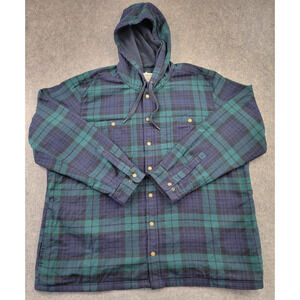 LL Bean Shirt Mens 3XL Green Blue Plaid Fleece Lined Hooded Snap Front Flannel